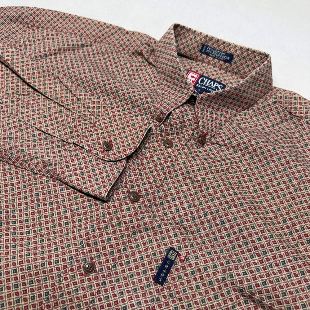 Chaps Ralph Lauren Button Down Geometric Print Cotton Blend Red Tan Mens Large